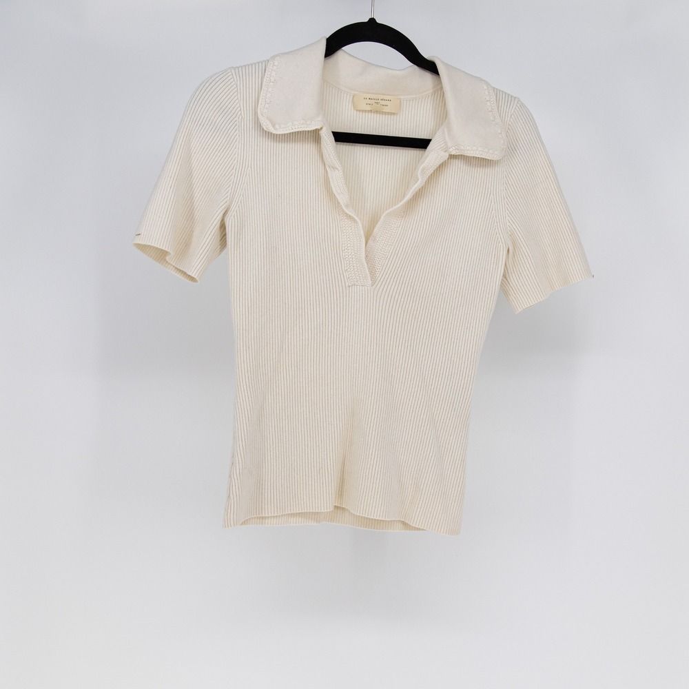 Sezane Eloy Wool Cotton Blend Ribbed Knit Stretch Collared Jumper Sweater Ivory
